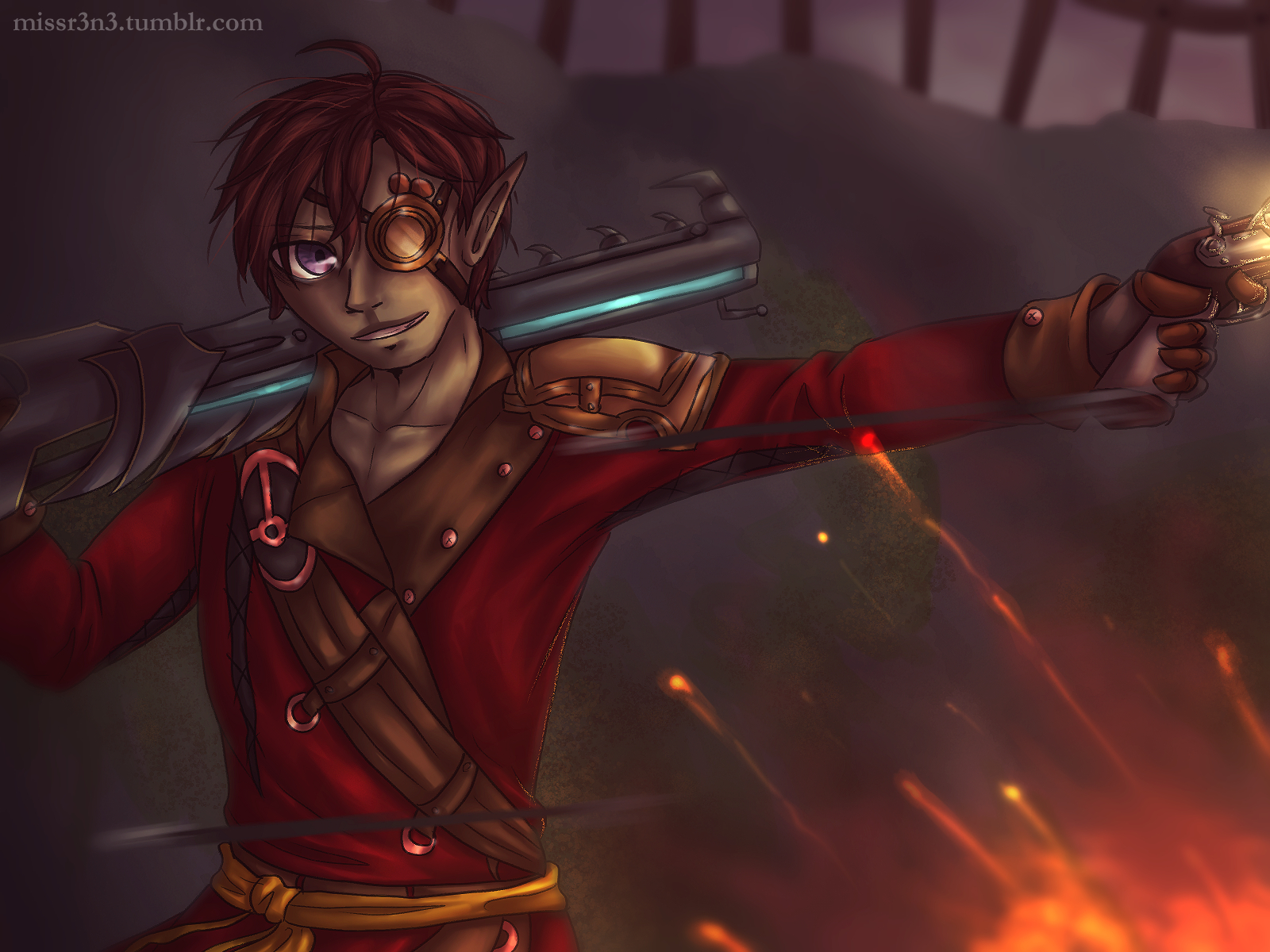 a drawing of my guild wars 2 sylvari commander OC, hazel aldern, drawn with the beta sylvari's design. he's shooting his pistol to the right of the frame and is carrying his pact shotgun over his shoulder. an explosion is occuring in front of him